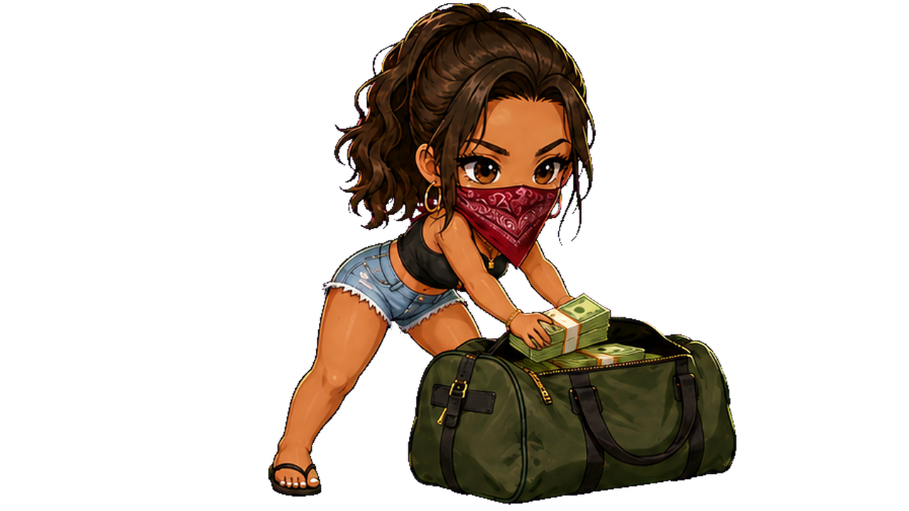 Chibi Lucia stuffing cash into a large duffel bag