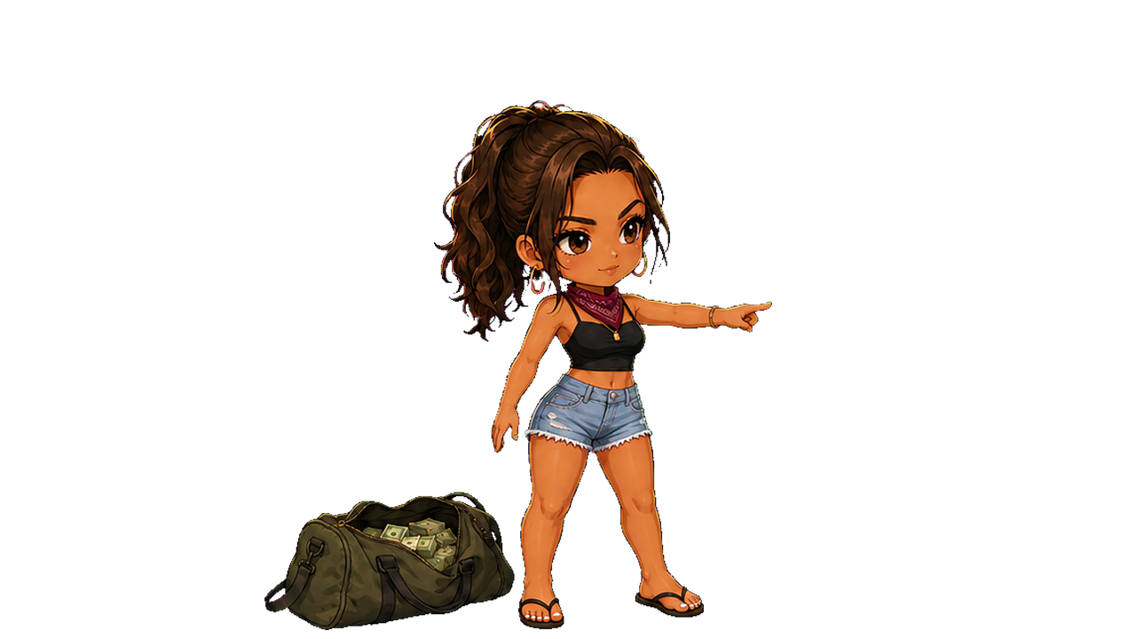 Chibi Lucia pointing at a Robinhood Chain cash machine beside a bag of money